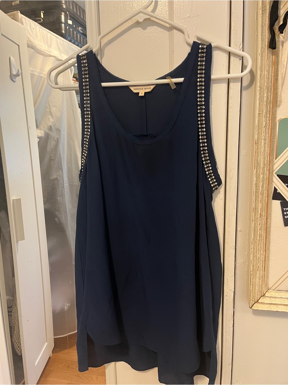 Rebecca Taylor Navy Tank with Crystal-Trimmed Straps